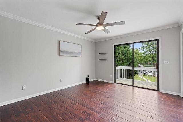 unfurnished room featuring a ceiling fan, wood finished floors, ornamental molding, and baseboards