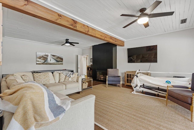 living room featuring ceiling fan and wooden ceiling