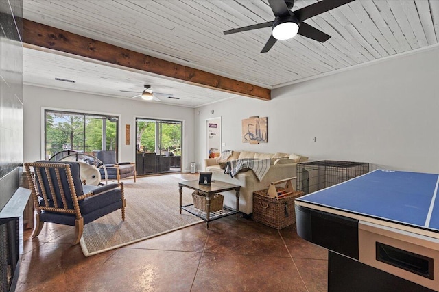 living room featuring a ceiling fan, finished concrete floors, and beamed ceiling