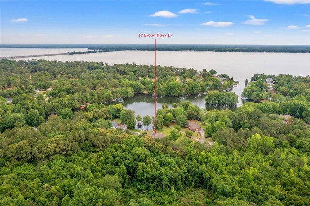 aerial view of a nearby body of water and a heavily wooded area