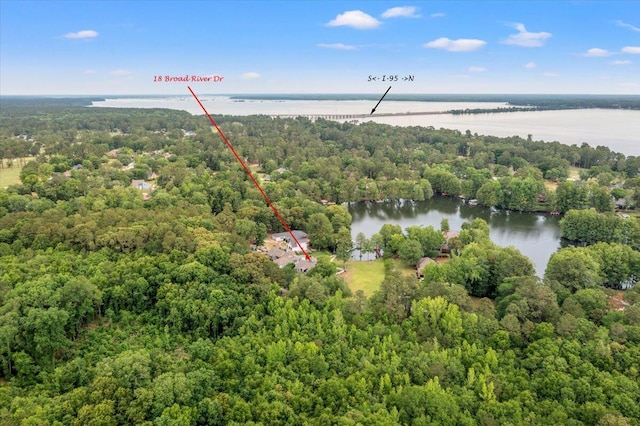 bird's eye view of a heavily wooded area and a large body of water