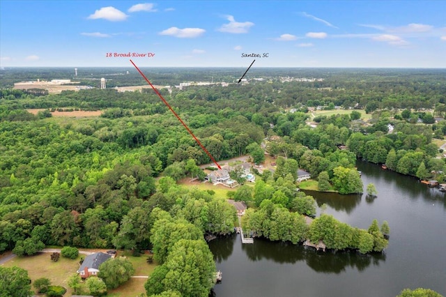 drone / aerial view of a large body of water and a heavily wooded area