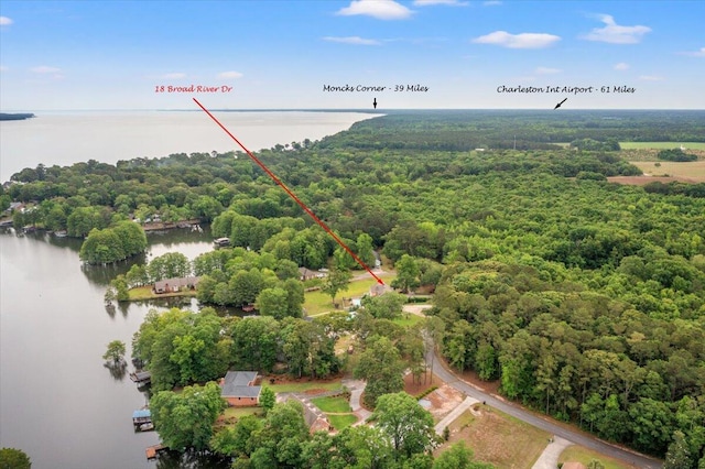 bird's eye view of a large body of water and a heavily wooded area