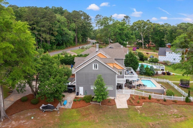 view from above of property featuring a pool area
