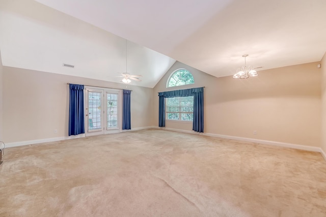 9117 Woodcreek Ct, North Charleston, SC 29406 - empty room featuring a chandelier, high vaulted ceiling, light carpet, and ceiling fan