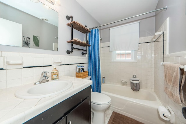 full bathroom featuring tile walls, tile patterned flooring, vanity, toilet, and shower / bathtub combination with curtain