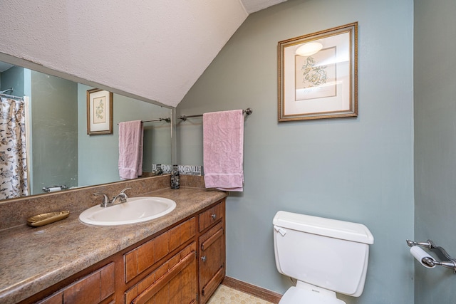 full bathroom featuring toilet, vanity, and vaulted ceiling