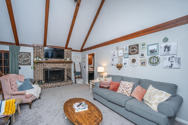 living area with a brick fireplace, vaulted ceiling with beams, baseboards, and carpet floors