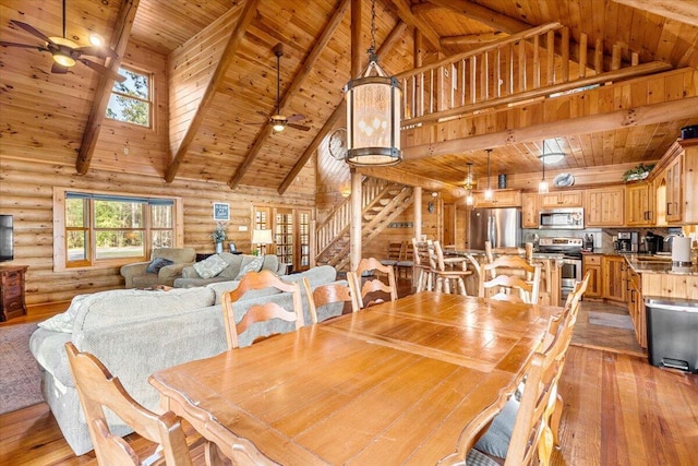 3550 Princess Pond Rd, Summerton, SC 29148 - dining space with wood ceiling with exposed beams, high vaulted ceiling, light wood-style floors, stairway, and ceiling fan