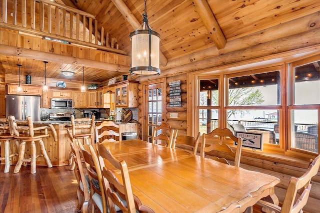 3550 Princess Pond Rd, Summerton, SC 29148 - dining room featuring rustic walls, wood ceiling, and dark wood finished floors