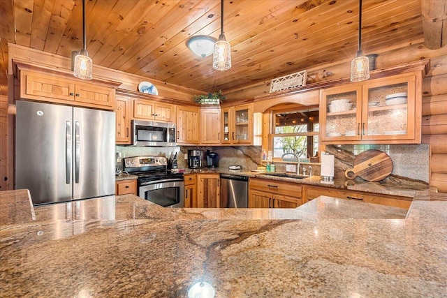 3550 Princess Pond Rd, Summerton, SC 29148 - kitchen with appliances with stainless steel finishes, a sink, wooden ceiling, light stone counters, and glass insert cabinets