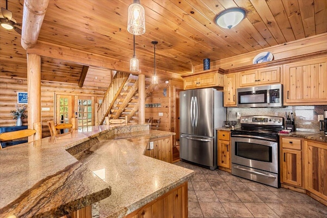3550 Princess Pond Rd, Summerton, SC 29148 - kitchen featuring stainless steel appliances, wood ceiling, rustic walls, tasteful backsplash, and hanging light fixtures