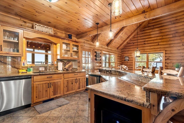 3550 Princess Pond Rd, Summerton, SC 29148 - kitchen featuring stainless steel dishwasher, a sink, log walls, wood ceiling, and pendant lighting