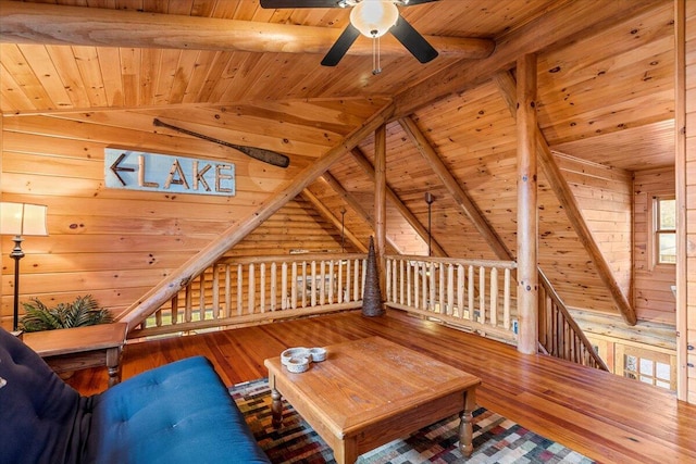 3550 Princess Pond Rd, Summerton, SC 29148 - living area with wooden ceiling, ceiling fan, hardwood / wood-style floors, and wooden walls