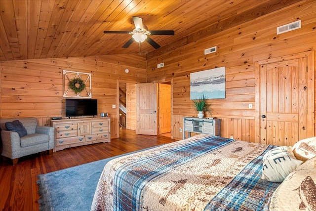 3550 Princess Pond Rd, Summerton, SC 29148 - bedroom featuring hardwood / wood-style floors, vaulted ceiling, wood walls, wood ceiling, and ceiling fan