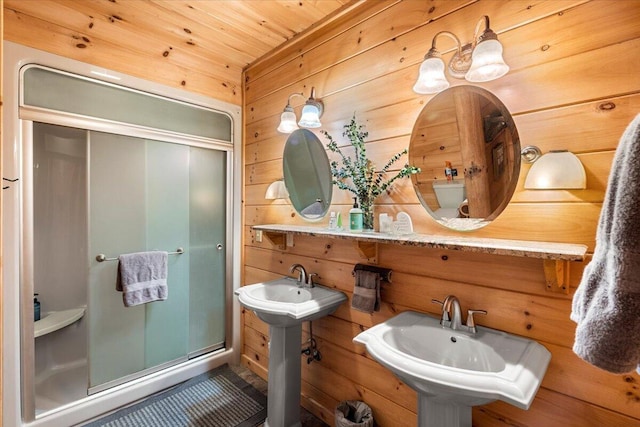 3550 Princess Pond Rd, Summerton, SC 29148 - full bath featuring a shower stall, a sink, wooden walls, and wood ceiling