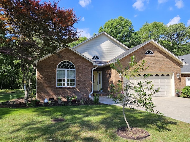 view of front facade featuring a garage, brick siding, concrete driveway, and a front yard
