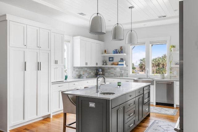 kitchen with sink, stainless steel appliances, light stone countertops, white cabinets, and a center island with sink