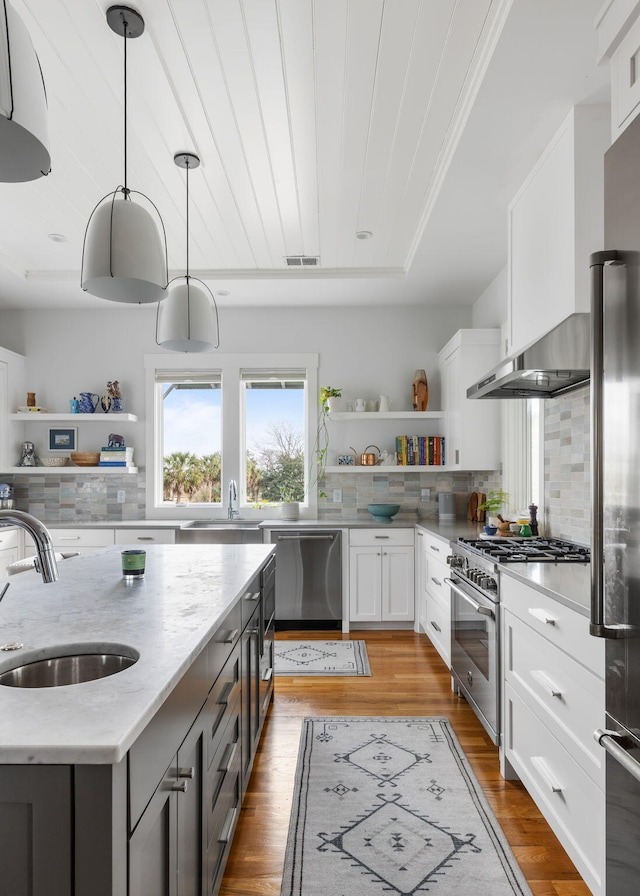 kitchen with sink, decorative light fixtures, a center island with sink, appliances with stainless steel finishes, and white cabinets