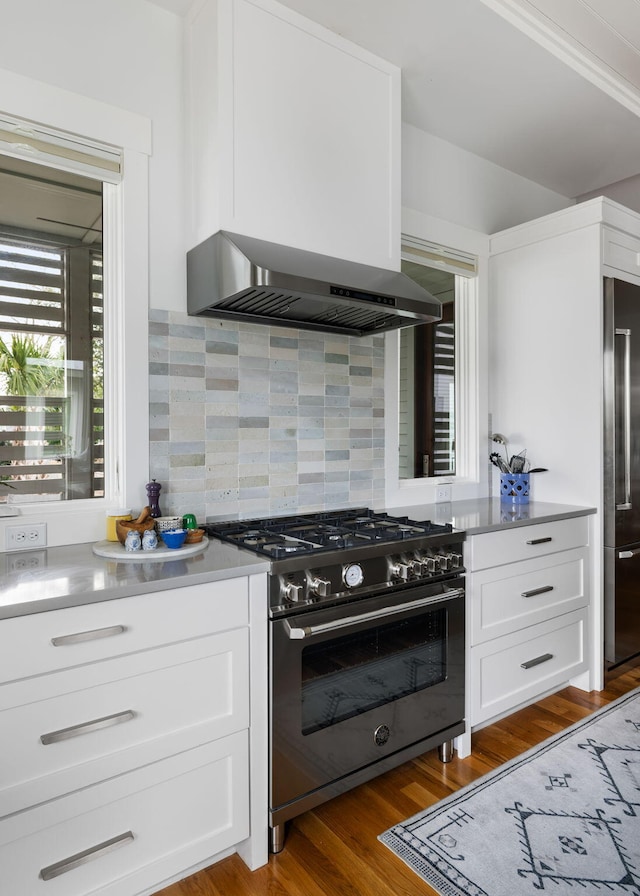 kitchen featuring high end appliances, white cabinetry, dark hardwood / wood-style flooring, and tasteful backsplash