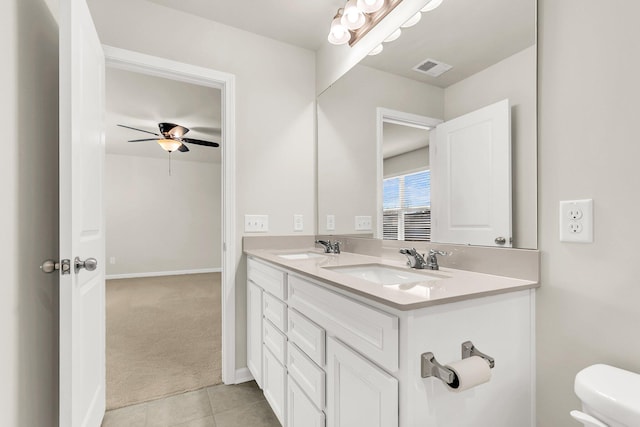 bathroom featuring tile patterned floors, vanity, ceiling fan, and toilet