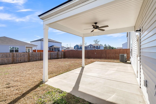 view of patio / terrace featuring ceiling fan and central air condition unit