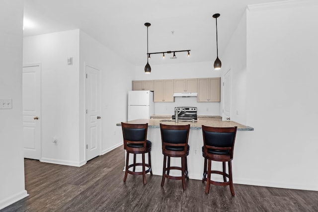 kitchen with a breakfast bar, stainless steel range with electric cooktop, hanging light fixtures, white refrigerator, and dark hardwood / wood-style floors