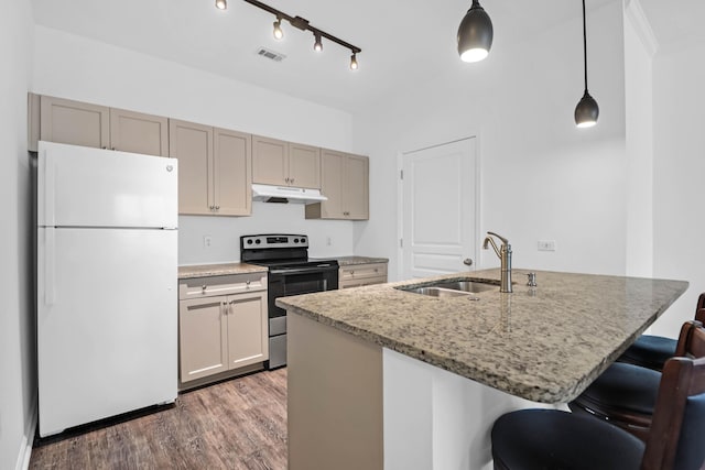 kitchen featuring sink, stainless steel range with electric stovetop, decorative light fixtures, white fridge, and light stone countertops