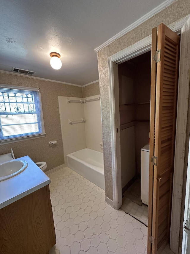 7819 Bells Hwy, Ruffin, SC 29475 - full bath featuring vanity, toilet, ornamental molding, visible vents, and washtub / shower combination