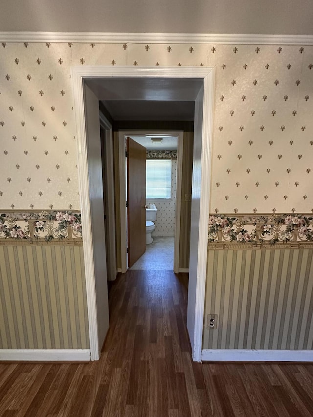 7819 Bells Hwy, Ruffin, SC 29475 - hall with wallpapered walls, dark wood-type flooring, and baseboards