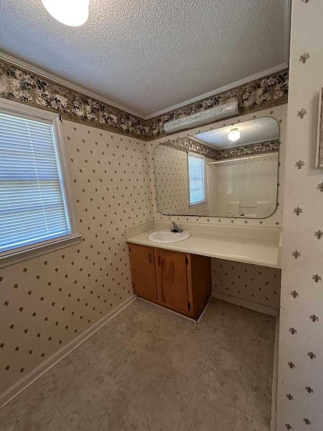 7819 Bells Hwy, Ruffin, SC 29475 - bathroom featuring vanity, baseboards, a textured ceiling, wallpapered walls, and walk in shower
