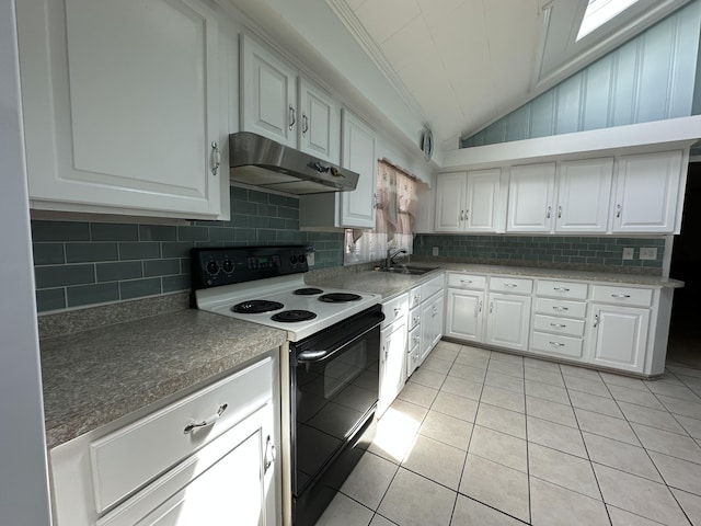 7819 Bells Hwy, Ruffin, SC 29475 - kitchen with under cabinet range hood, a sink, range with electric stovetop, vaulted ceiling, and backsplash