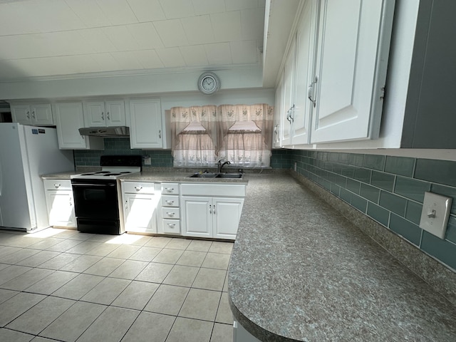 7819 Bells Hwy, Ruffin, SC 29475 - kitchen with white cabinetry, under cabinet range hood, electric range, a sink, and freestanding refrigerator