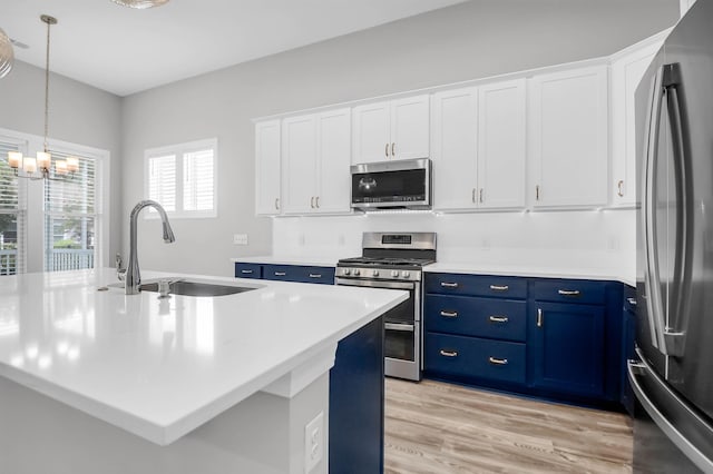 kitchen with an island with sink, stainless steel appliances, sink, and white cabinets