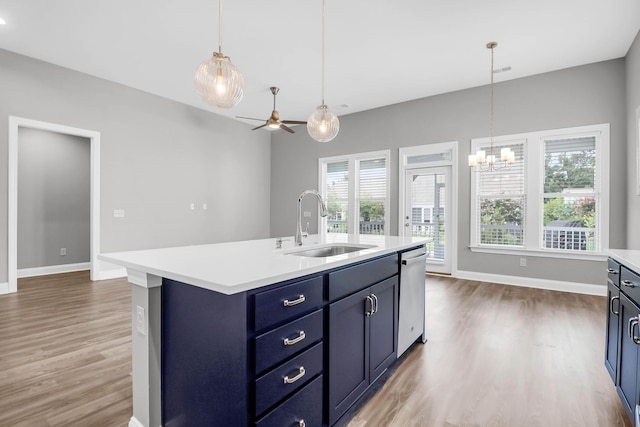 kitchen with blue cabinets, sink, stainless steel dishwasher, an island with sink, and pendant lighting