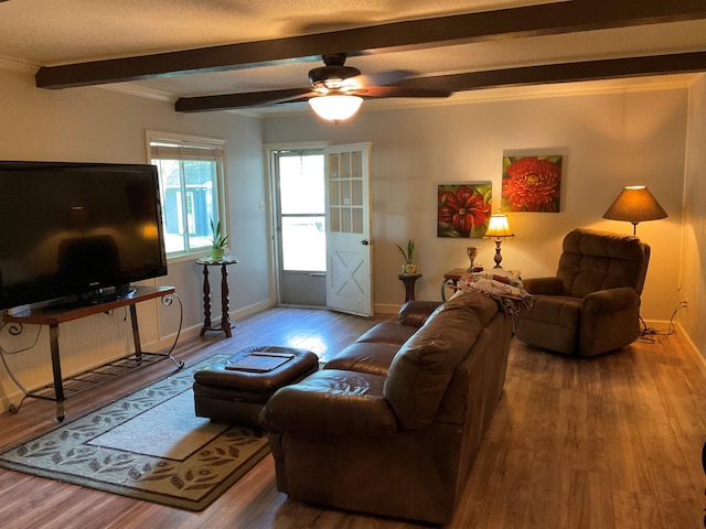306 Park St, Saint George, SC 29477 - living room with beam ceiling, wood finished floors, a ceiling fan, and ornamental molding