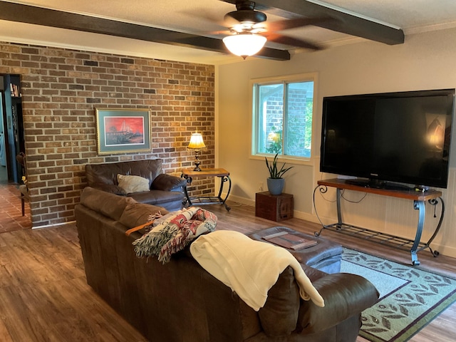 306 Park St, Saint George, SC 29477 - living room featuring wood finished floors, ceiling fan, crown molding, and beamed ceiling