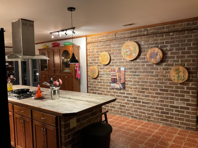306 Park St, Saint George, SC 29477 - kitchen featuring brick wall, island range hood, wood counters, track lighting, and hanging light fixtures