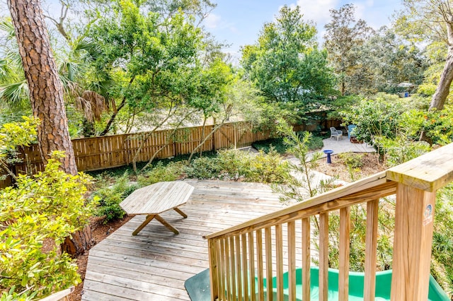 wooden deck with a fenced backyard