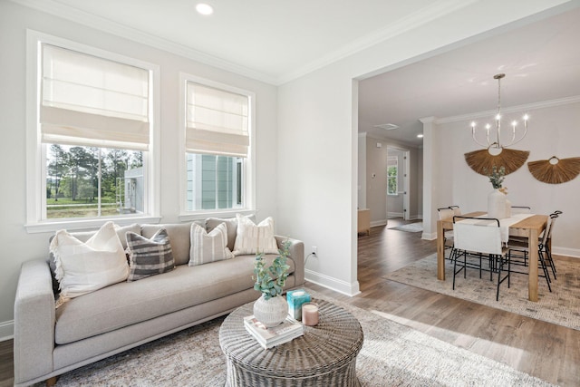 770 Opal Wing St, Moncks Corner, SC 29461 - living area with wood finished floors, baseboards, ornamental molding, a chandelier, and recessed lighting