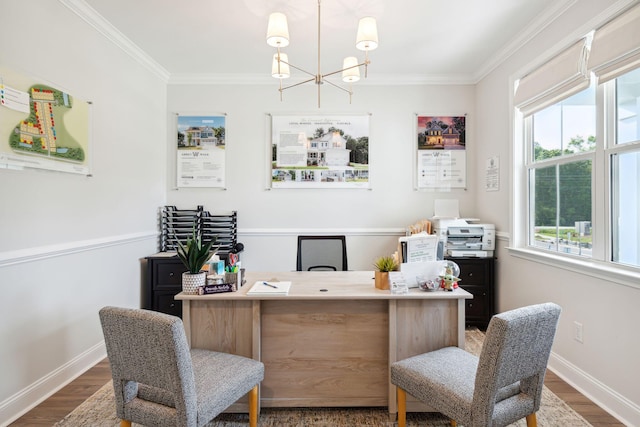 770 Opal Wing St, Moncks Corner, SC 29461 - home office with dark wood-style flooring, ornamental molding, a chandelier, and baseboards