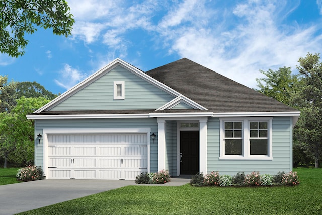 view of front of house featuring a garage, concrete driveway, a front yard, and a shingled roof