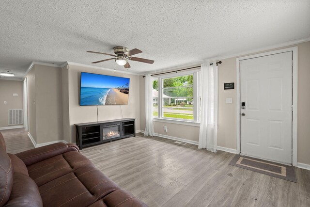 407 Raysor St, Saint George, SC 29477 - living room with a ceiling fan, wood finished floors, baseboards, a glass covered fireplace, and a textured ceiling