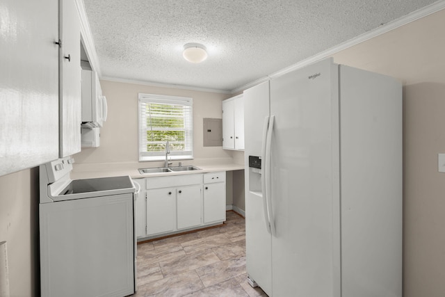 407 Raysor St, Saint George, SC 29477 - kitchen featuring white appliances, a sink, a textured ceiling, light countertops, and electric panel