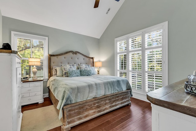 1033 Tuckers Rd, Pawleys Island, SC 29585 - bedroom featuring visible vents, a ceiling fan, wood finished floors, and high vaulted ceiling
