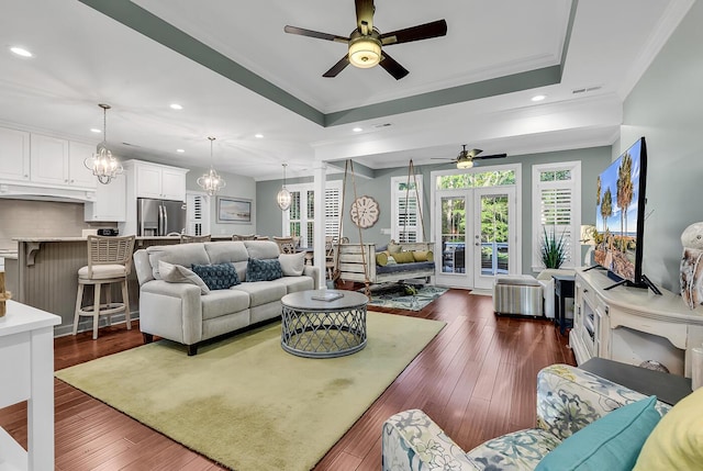 1033 Tuckers Rd, Pawleys Island, SC 29585 - living room featuring a ceiling fan, visible vents, ornamental molding, and french doors
