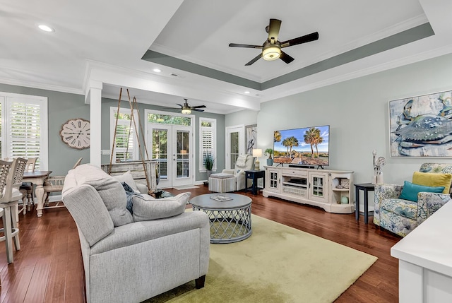 1033 Tuckers Rd, Pawleys Island, SC 29585 - living area with french doors, a ceiling fan, a tray ceiling, and dark wood-style floors