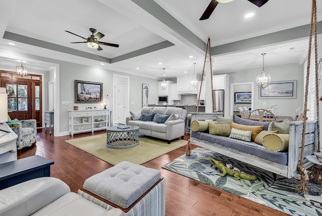 1033 Tuckers Rd, Pawleys Island, SC 29585 - living area with crown molding, hardwood / wood-style floors, baseboards, recessed lighting, and ceiling fan with notable chandelier