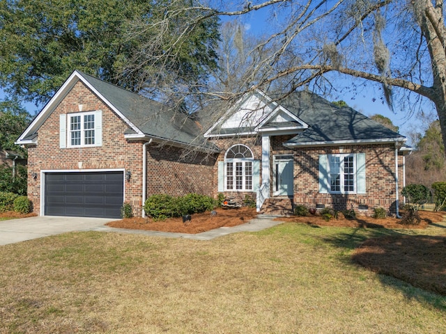 traditional home featuring crawl space, a front lawn, concrete driveway, and brick siding