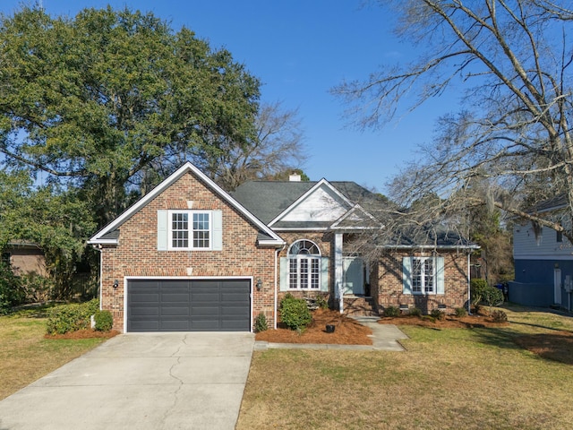 traditional-style house with brick siding, concrete driveway, crawl space, a front lawn, and a chimney